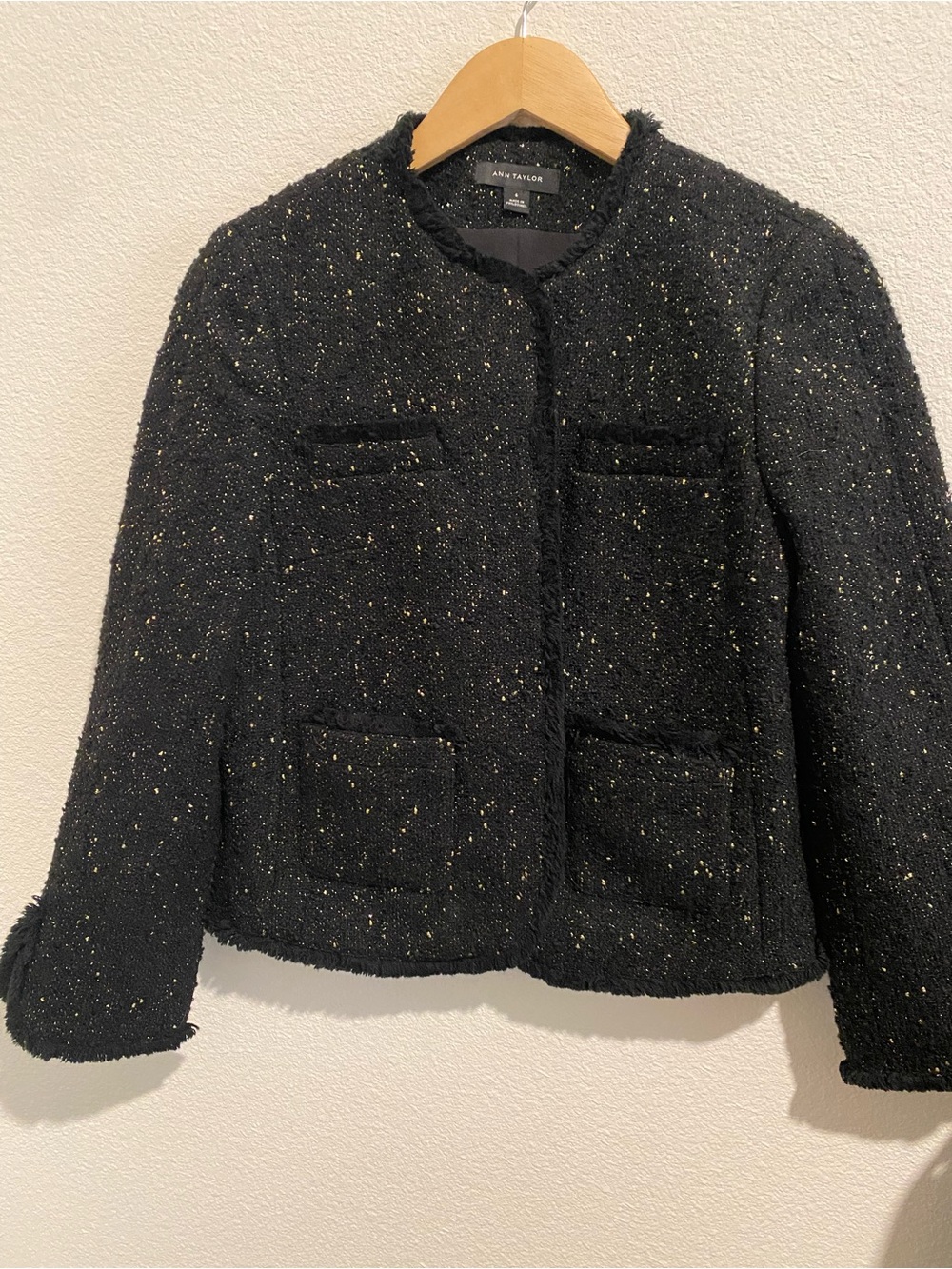 Ann Taylor Black Tweed Jacket with Gold Metallic Speckle
